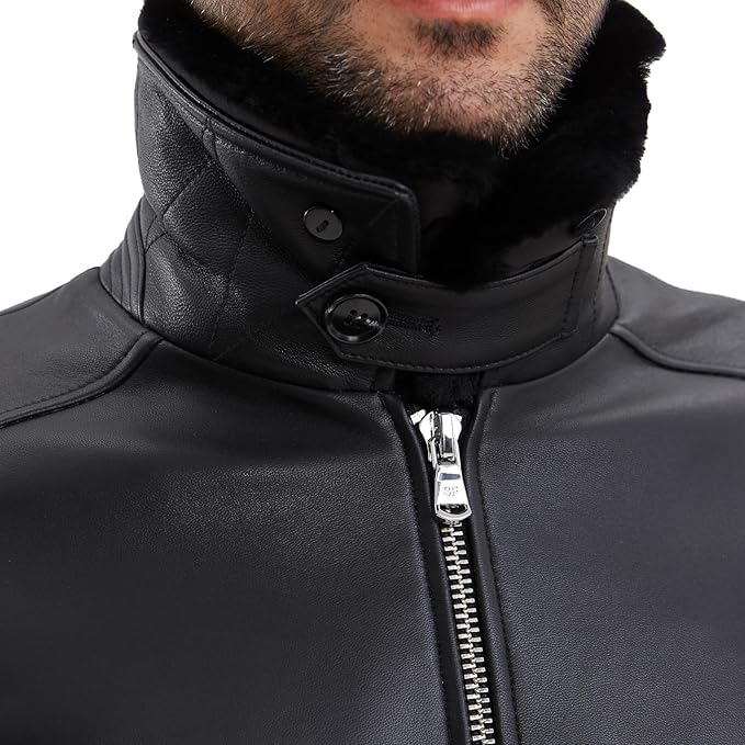 Leather Jacket Men,Lambskin Bomber Jacket with Removable Real Fur Collar,Front Zip Closure, Multiple Pockets
