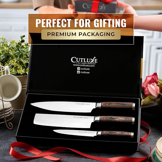 Cutluxe 3-Piece Chef Knife Set – Ultra Sharp Japanese Kitchen Knives, High Carbon Stainless Steel Blades, Full Tang Pakkawood Handles – Shinobi Series