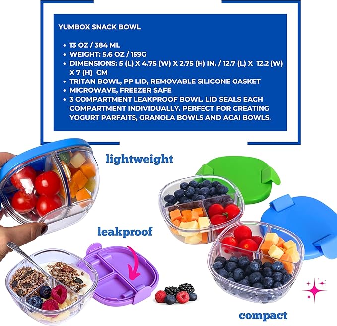 Yumbox Snack Bowl, Leakproof 3 Compartments, Removable Lid, Microwave, Dishwasher Safe, Perfect for acai bowl, yogurt bowl, granola, Bento Snack Box for school, work, travel
