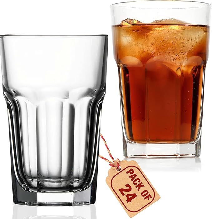 Highball Drinking Glasses Set of 24, 12.5 oz Glass Tumbler - Water Glasses & Beer Glassware for Kitchen - Durable Drinkware Set for Juice, Soda, Iced Tea & Cocktails - Heavy Base, Dishwasher Safe