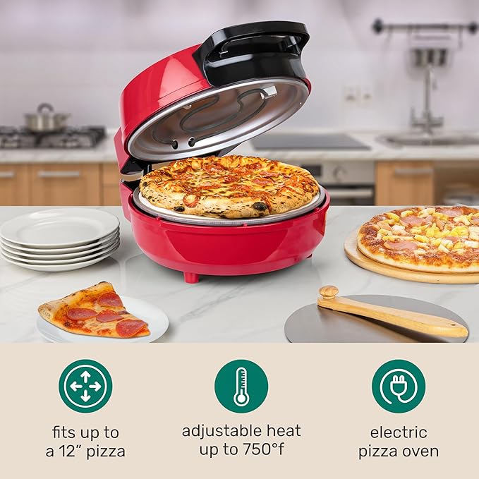 Homecraft Stone Baked Pizza Oven – 12in Woodfired Style Indoor Electric Countertop Pizza Maker – Ceramic Stone & Stainless Steel Peel – Variable Temp Control to 750°F – Homemade Pizza in Minutes-Red