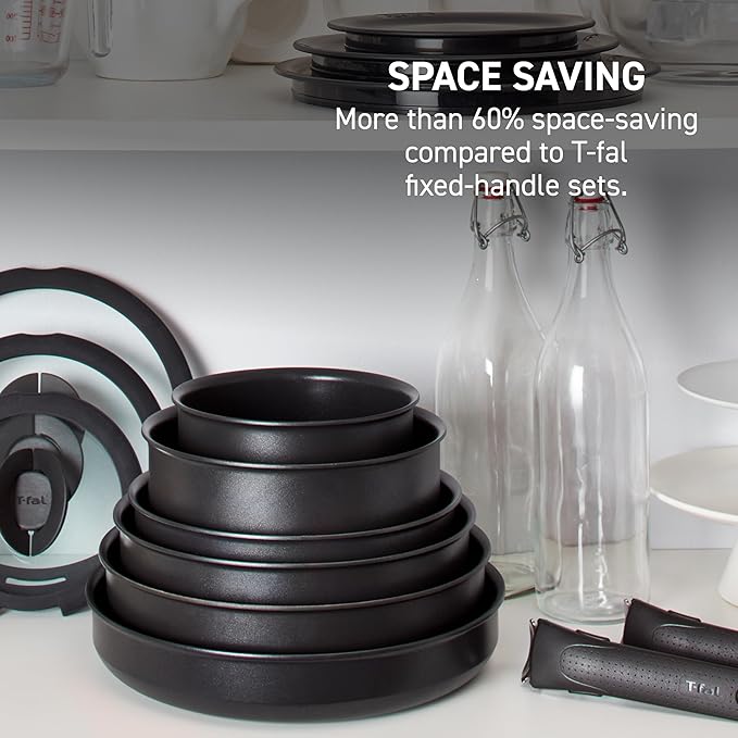 T-fal Ingenio Expertise Non Stick Cookware Set 14 Piece, Induction Oven Broiler Safe 500F, Detachable/Removable Handle, Kitchen, Pots and Pans, RV, Camping, Fry Pans, Saucepans, Dishwasher Safe, Blue