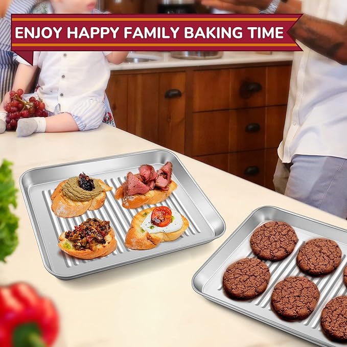 P&P CHEF 9 x 7 x 1 Inch Mini Toaster Oven Pan, Stainless Steel Small Baking Pan Oven Tray for Cooking & Roasting, Corrugated Bottom, Healthy & Sturdy, Dishwasher Safe - 2Pcs
