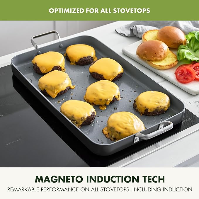 GreenPan Valencia Pro Ceramic Nonstick 18" x 11" Double Burner Griddle Pan, Hard Anodized PFAS-Free, Induction Ready Cookware, Compatible on All Cooktops, Dishwasher Safe, Oven Safe to 600F, Gray