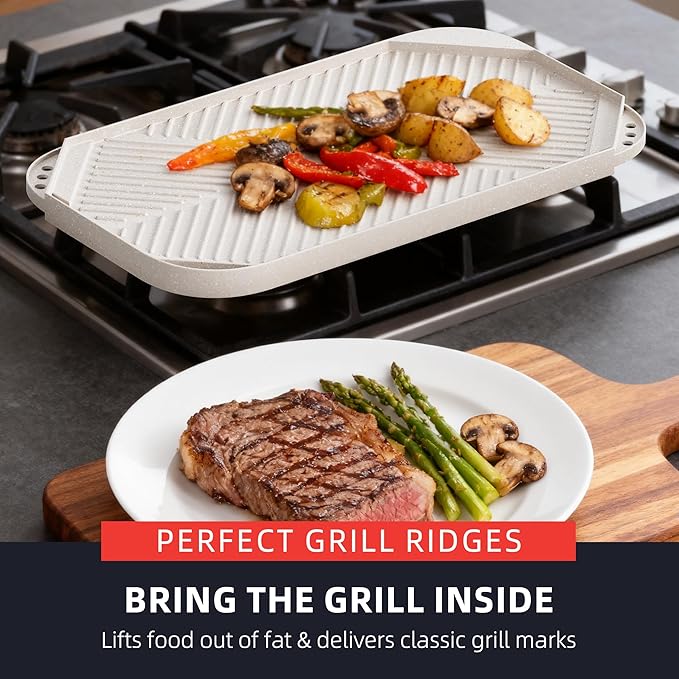 Caannasweis Nonstick Griddle Grill Pan - 19.5" x 11" Reversible Griddle Pan for Stove Top, Grill, or Campfire, Two Burner Cast Aluminum Grill, Rectangular Baking Flat and Ribbed Griddle Plate, Beige