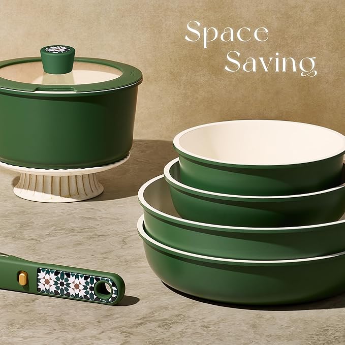 CAROTE 19Pcs Ceramic Cookware Set, Pots and Pans Set Non stick, Non Toxic Cookware Detachable Handle, Kitchen Cooking Set - Induction Cookware, Dishwasher/Oven Safe, PFAS Free, Green