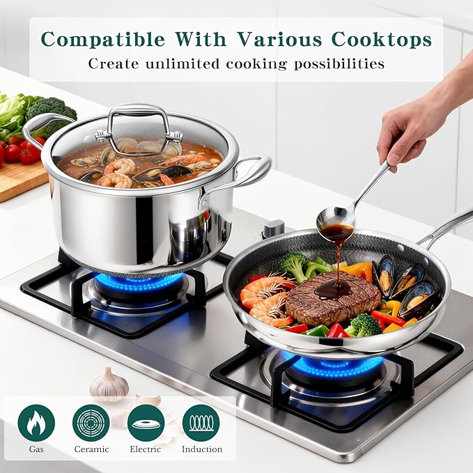 Yoehka 14-Piece Hybrid Stainless Steel Cookware Set, Non-Stick Pots and Pans Set with 3 Silicone Trivets | Induction Compatible Frying Pans, Saucepans, Saute Pan & Stock Pot | Oven Dishwasher Safe