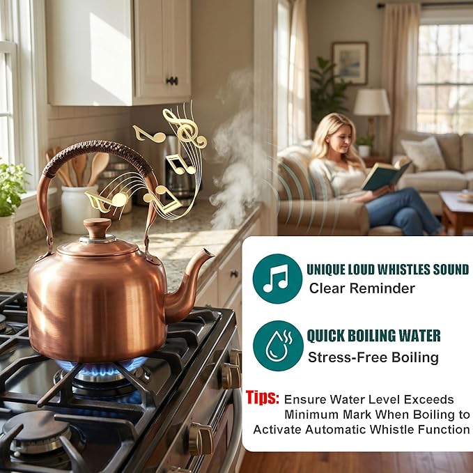 Tea Kettle Stovetop Whistling Copper Tea Pot for Stove 3.2QT Teapot Kettle Stovetop with Loud Whistle Lid, Vintage Kettles for Stove Top, Fast Boiling Water, Teapot for Induction, Electric, Gas Stoves