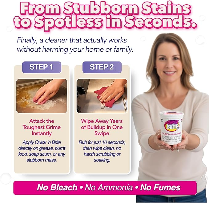 Quick 'n Brite All Purpose Cleaning Paste – Miracle Cleaner for Tough Stains | Eco-Friendly, Non-Toxic, Pet-Safe | Multi-Surface Stain Remover | Made in USA, 32oz (Pack of 2)