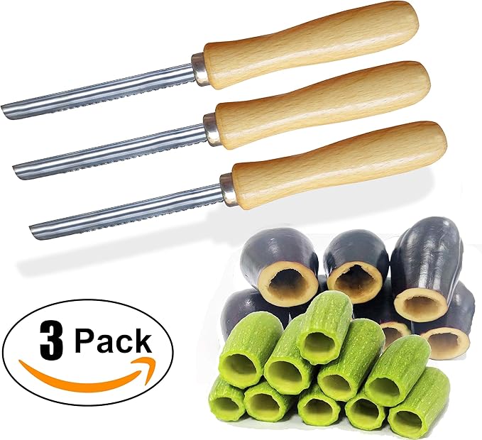 Zucchini Squash Vegetable Corer 3 pcs Corers Stainless Steel Core Remover Tool Kitchen Stuffed Vegetables Veggies Seed Remover Remove Seeds Eggplant Cucumber 8" Long Coring Tools Gadgets Drill