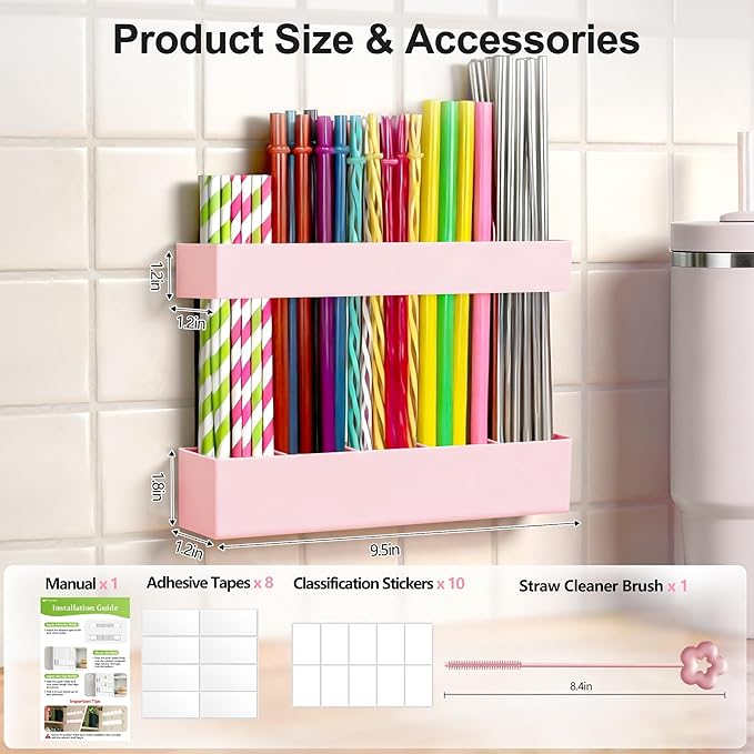 9.5” Large Acrylic Straw Holder for Cabinet Door, Reusable Adjustable Two-Part Straws Organizer with Ultra Sticky Adhesive Strips, 2026 Straw Storage for Kitchen Cupboard (Rose Stone)