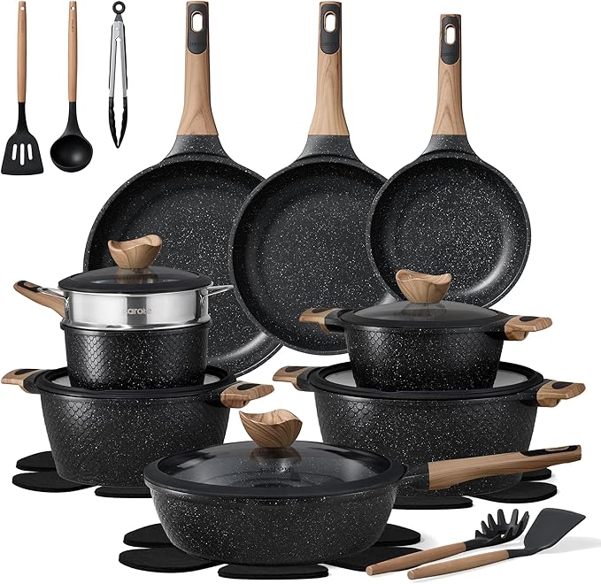 CAROTE 26PCS Pots and Pans Set Non Stick, Cookware Set Pots and Pans Induction Cook Ware, Nonstick Kitchen Cooking, PFOA Free, Black