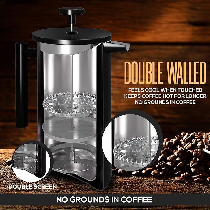 Utopia Kitchen 304 Grade Stainless Steel French Press Coffee Maker 17 Oz, Double Wall Insulated Coffee Press with 4-Level Filtration system, Include 2 Extra Filters, Rust-Free, Black