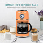 Nostalgia Classic Retro 10 Cup Coffee Maker - One-Touch Drip Brew, Reusable Filter - Anti-Drip, Auto Shutoff, & Time Display - Dishwasher Safe 50 oz Carafe - Orange