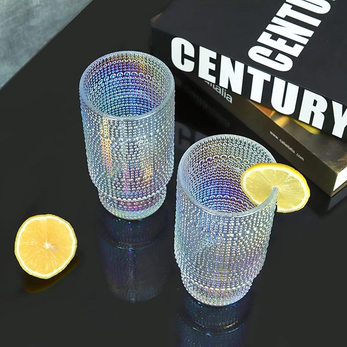 Joeyan Iridescent Drinking Glasses,Vintage Embossed Stacking Water Tumblers Romantic,Clear Hobnail Rainbow Glassware Set,Beaded Highball for Juice Beverages Coffee Tea Cocktail,10 oz,Set of 4