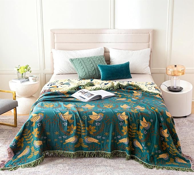 MSGKV 100% Cotton Blanket Boho Throw Blue Warm Couch Sofa Bed Double Sided Knit Super Soft Cover Sheet Reversible Wearable Fall Winter Blanket, 60''Wx 80''L, A-blue Bird (US6018-001A-150x200)
