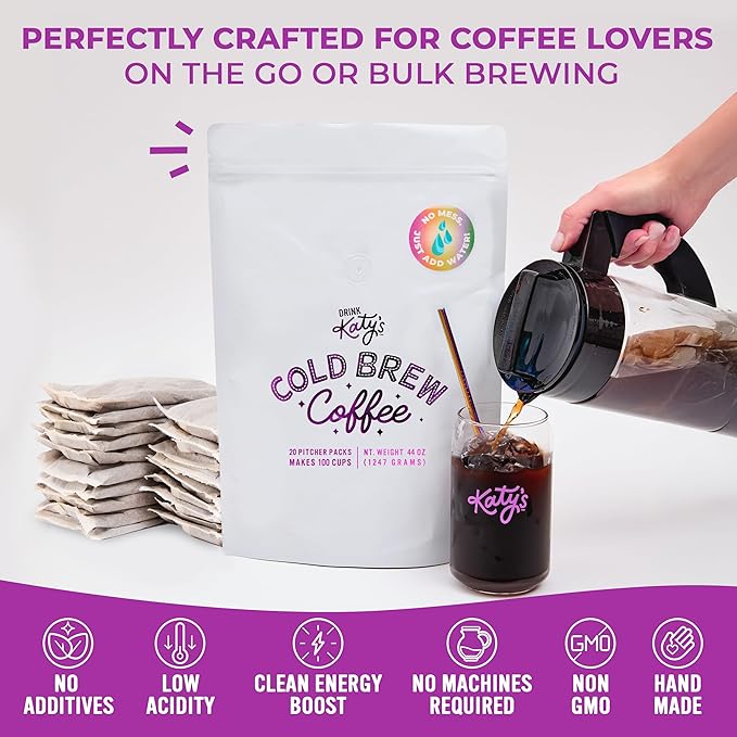 Katy’s Cold Brew Coffee Pitcher Packs | 20 Large Cold Brew Bags with Smooth, Bold Brazilian Coffee | Easy, Mess-Free Brewing in Any Container | 100% Woman-Owned | Makes 100 Cups