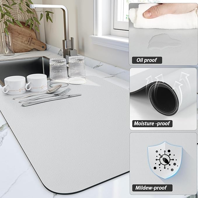 HotLive Dish Drying Mat for Kitchen Counter, Heat Resistant Drainer Mats with Non-slip Rubber Backed, Hide Stain Kitchen Super Absorbent Draining Mat, Easy to Clean Dish Rack Pad, Light Grey 16"x18"