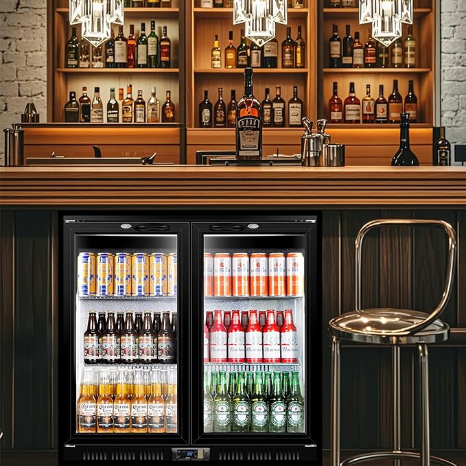 Tylza Back Bar Cooler With 2 Glass Doors, 200L Under Counter Back Bar Refrigerator with LED Lighting, Safety Locks, Counter Height Bar Beverage Cooler for Beer, Soda Drinks, Wine, Black