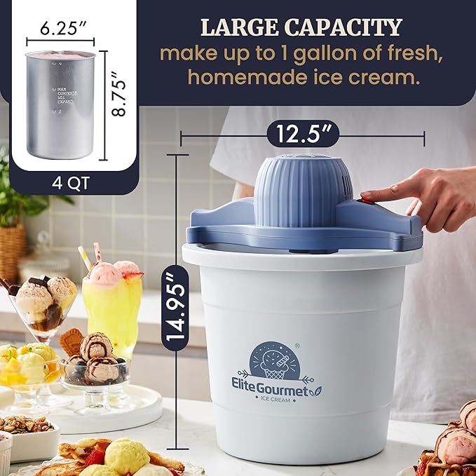 Elite Gourmet 4Qt Electric Ice Cream Maker EIM350X Delicious Homemade Ice Cream, Gelato, Sorbet, Frozen Yogurt, 4Qt Aluminum Freezing Cannister, Durable Plastic Ice Bucket, Powerful 50W, Periwinkle