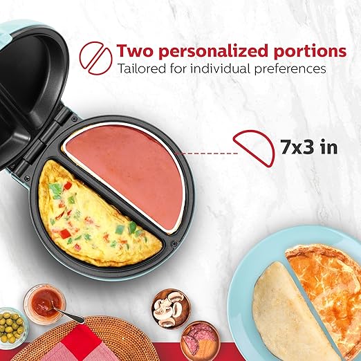 Holstein Housewares Stainless Steel 2 Section Omelet & Frittata Maker, Non Stick Coating, Easy To Clean, Indicator Lights, Compact Storage, Prepare Versatile Recipes in Minutes. 2 Portions, Mint