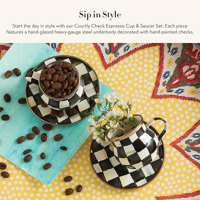 MACKENZIE-CHILDS Espresso Cup and Saucer Set, Cute Small Coffee Cups and Saucers, Set of 2, Black-and-White Courtly Check