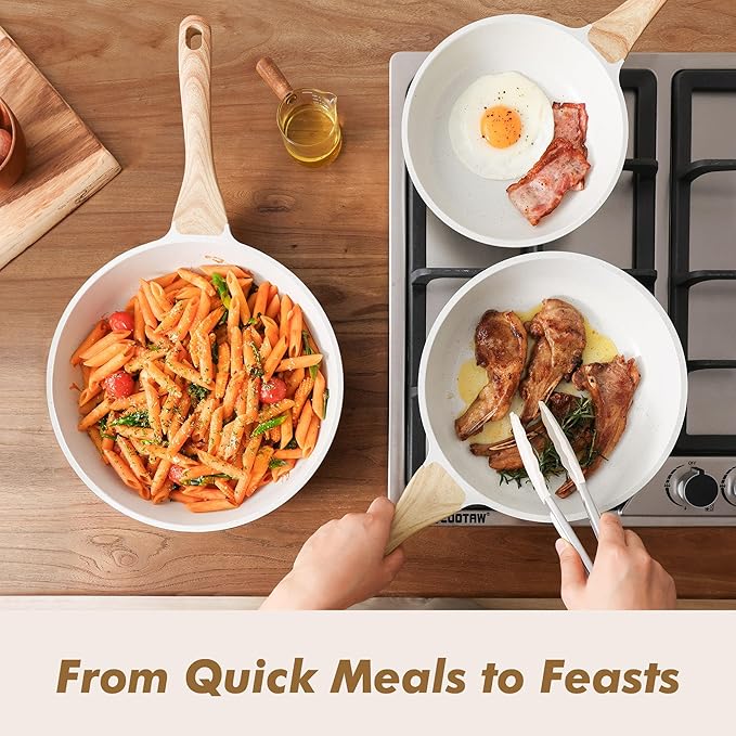 SENSARTE Nonstick Frying Pan Skillets, White Ceramic Coating Omelette Pans, Healthy Cookware Chef's Pan, PTFE & PFAS Free (8+9.5+11 Inch)