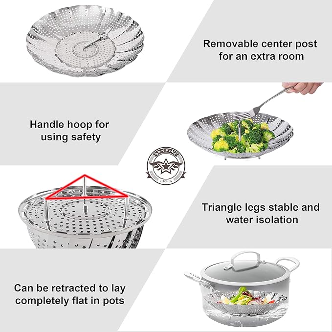 Zocy Steamer Basket, Stainless Steel Vegetable Steam Baskets for Steaming Cooking Expandable to Fit Various Size Pot (5.5" to 9.3")