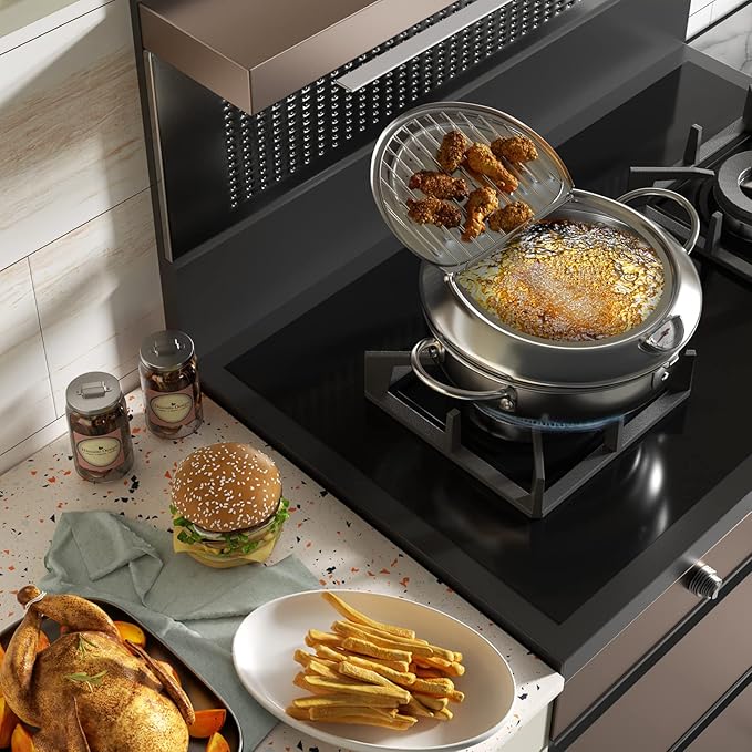 Kerilyn Deep Fryer Pot, 9.4 Inch/3.4 L Janpanese Style Tempura Frying Pot with Lid, 304 Stainless Steel with Temperature Control and Oil Drip Drainer Rack, for Kitchen French Fries, Chicken etc