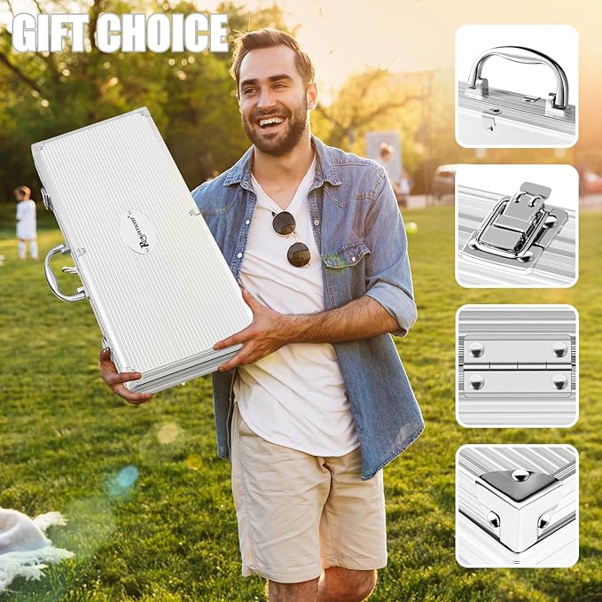 ROMANTICIST 26pcs Stainless Steel Grill Tool Set, Heavy Duty BBQ Grilling Accessories Gifts for Men Dad, Non-Slip Grill Utensils Kit with Apron, Thermometer, Mats in Aluminum Case for Christmas Brown