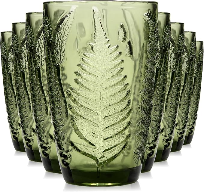 Vintage Green Drinking Glasses Set of 8, 12 oz Hand-Pressed Green Glass Tumblers, Deep Fern Embossed Antique Colored Glassware, Boho Style Textured Highball Cups, Retro Drinkware Gift Set for Home Bar