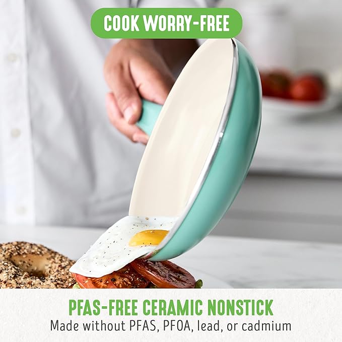 GreenLife Non Stick Fry Pan Set 7" & 10", Non-Toxic PFAS-Free Ceramic Skillet, Dishwasher & Oven Safe, Egg Omelet Frying Pan, Stay- Cool Handles, Kitchen Home Cooking Essentials, Turquoise (Pack of 2)
