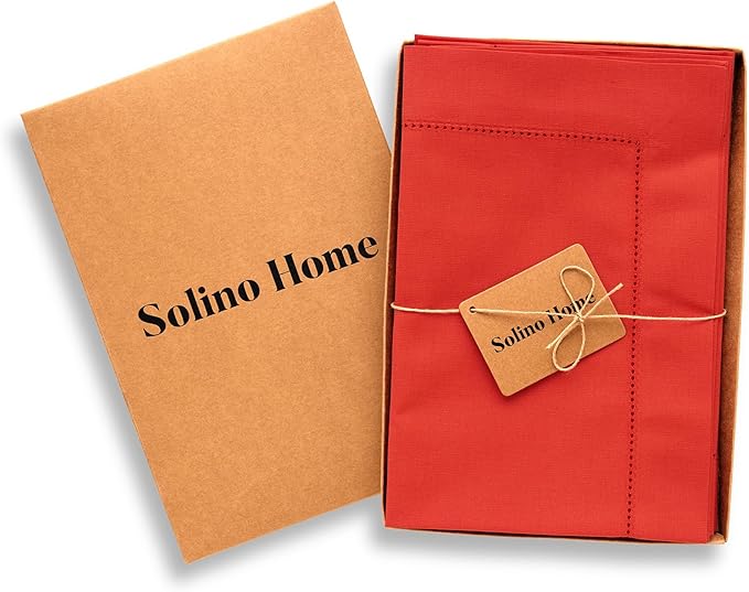 Solino Home Cotton Linen Napkins Set of 4 - Hemstitch Poppy Red Dinner Napkins Cloth 20 x 20 Inch for Valentines, New Year - Handcrafted and Machine Washable