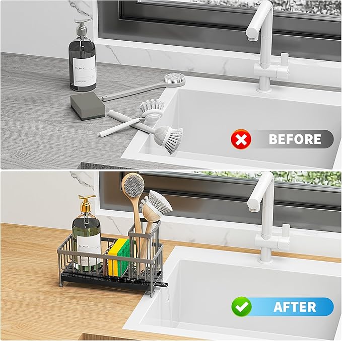 Cisily Sponge Holder for Kitchen Sink, Sink Caddy Organizer with High Brush Holder, Kitchen Countertop Organizers and Storage Essentials, Rustproof 304 Stainless Steel (Dark Grey, 9.25″)