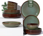 Pokini 16 Piece Double Bowl Dinnerware Sets with Pasta Bowls, Highly Chip and Crack Resistant Plates and Bowls Sets, Natural Earthyware Ceramic Dishware Sets, Service for 4 Sage Green