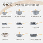 Kitchen Academy Induction Cookware & Bakeware Set - 30 Piece Grey Granite Cooking Pans Set, Non Toxic Pots and Pans Set Non Stick