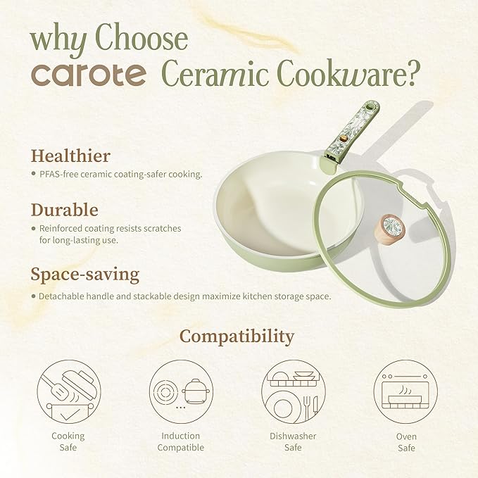 CAROTE 25-Piece Ceramic Cookware Set, Nonstick Pots and Pans Set with Detachable Handle, Non-Toxic Kitchen Cooking Set, Dishwasher & Oven Safe, Induction Compatible, PFAS Free, Green