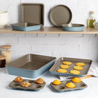 Goodful All-In-One Nonstick Bakeware Set, Stackable and Space Saving Design includes Round and Square Pans, Muffin Pans, Cookie Sheet and Roaster, Dishwasher Safe, 8-Piece, Blue Mist