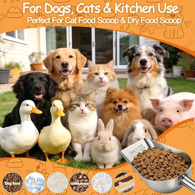 Palksky Dog & Cat Food Scoop, 1 Cup Stainless Steel Pet Food Measuring Cup with Long Handle, Precision Scale, Easy to Clean for Wet or Dry Food, 1 Pack