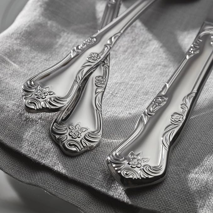 Oneida Silverware Set For 8, Azalea 45-Piece Everyday Flatware Set with Serving Utensils, Floral, Service For 8, 18/0 Stainless Steel, Dishwasher Safe, Knives Spoons And Forks Sets (Silver, 45 Pieces)