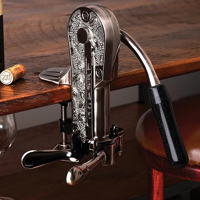 Wine Enthusiast Legacy Corkscrew – Durable Wine Opener with Black Marble Handle & Solid Metal Construction - Long Lasting Cork Removal with Tabletop Mount (Pewter)