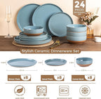AmorArc Ceramic Dinnerware Sets for 8, 24 Pieces Handpainted Plates and Bowls Set with Rustic Terracotta Underside, Scratch Resistant Stoneware Dishes Set, Dishwasher & Microwave Safe, Stone Blue