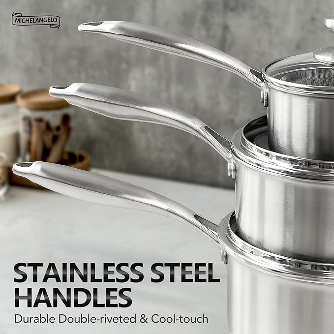 MICHELANGELO Triply Stainless Steel Pot Set, Hybrid Nonstick Saucepan Set with Lids, Induction Compatible Heavy Duty Sauce Pan 1QT & 2QT & 3QT, Honeycomb Interior, Dishwasher Safe Cookware - 6 Piece