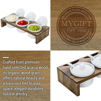 MyGift 10 Pcs Condiment Pot Serving Dish Set, Hosting Essentials, Premium Acacia Solid Wood Raised Display Server Tray and 3 Ceramic Ramekin Dip Bowls with Lids and Spoons