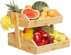Bamboo 2 Tier Fruit Basket for Kitchen Counter, Large Capacity Fruit Storage Countertop, Fruit Holder, Wood Pantry Organizers and Storage, Kitchen Countertop Organizer With Two Banana Hangers (Bamboo)