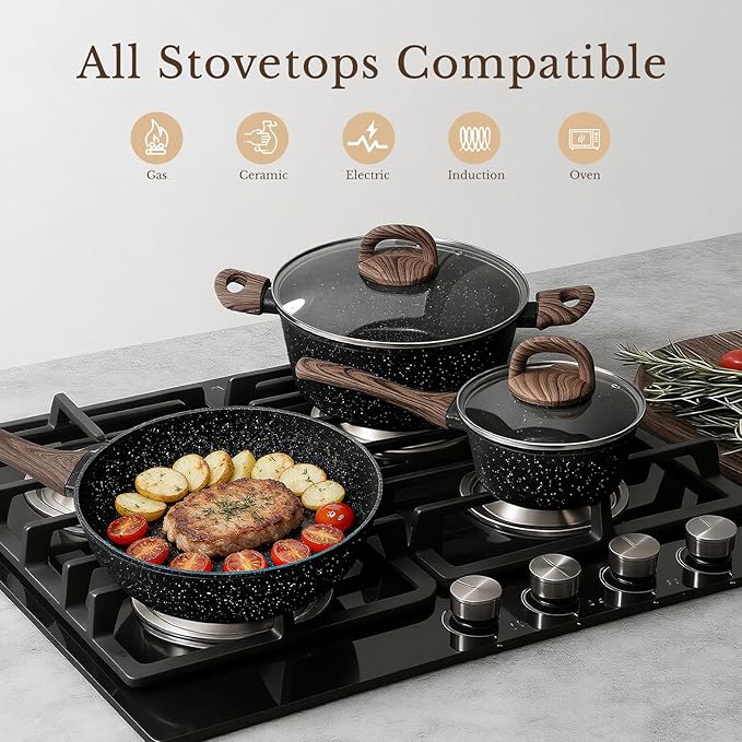 EWFEN 25 Pcs Pots and Pans Set, Nonstick Ceramic Cookware Sets, Healthy Non-Toxic, Large Capacity, Induction Compatible, Cooking Set with Frying Pans & Saucepans, PFAS/PTFE/PFOA Free, Classic Black