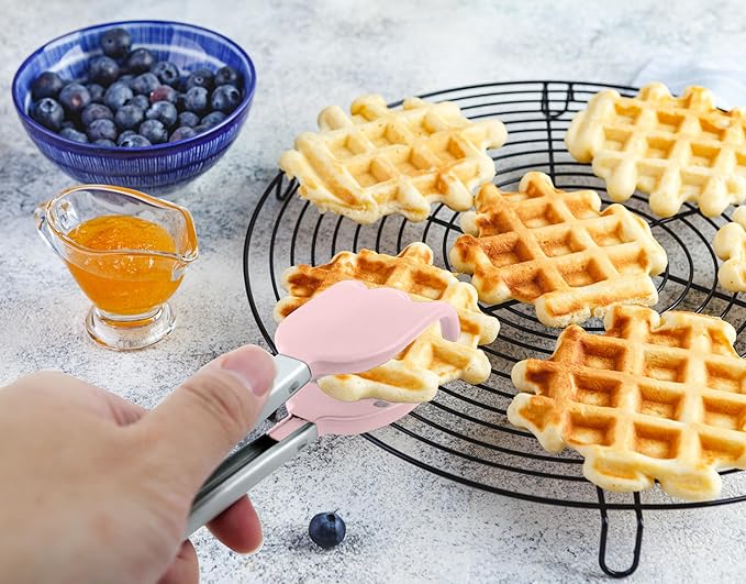 Mini Waffle Tongs by StarBlue Pink – 8 Inches Silicone and Nylon Serving Tongs with Non-Slip Smooth Handles, Non-Scratch and Dishwasher Safe, Multipurpose Spatula for Belgian Waffle Serving