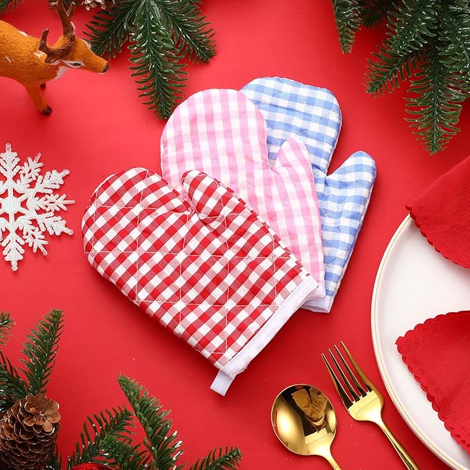 12 Pcs Kids Oven Mitts Toddler Oven Mitts Children Heat Resistant Kitchen Mitts Checkered Kitchen Oven Gloves Kids for Cooking Baking Microwave Child Play BBQ Grilling, Age 2-10(Red, Pink, Blue)