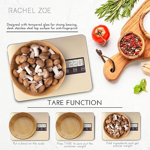 Rachel Zoe Digital Kitchen Food Scale with Non-Slip Base for Home and Kitchen, Measures in Pounds, Grams, Milliliters & Kilograms, Battery Operated Aluminum Electric Scale for Meals, Baking & Diets