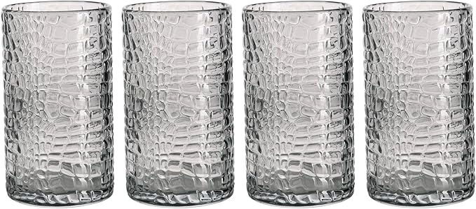 Glaver's Highball Glasses Set of 4 Smoke Drinking Glasses, 15 Ounce Crackle Textured Newly Designed Patent Glassware Heavy Bar Home Party Decor Black Kitchen Glasses, Water Juice Cocktails